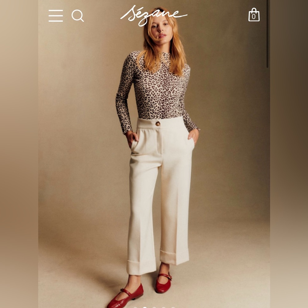 Sezane Winter White/Cream high-waisted wide-leg crop trousers, cuffed ankles!